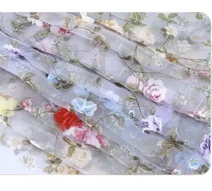 Wholesale organza burn out embroidered floral fabric with print for wedding dress