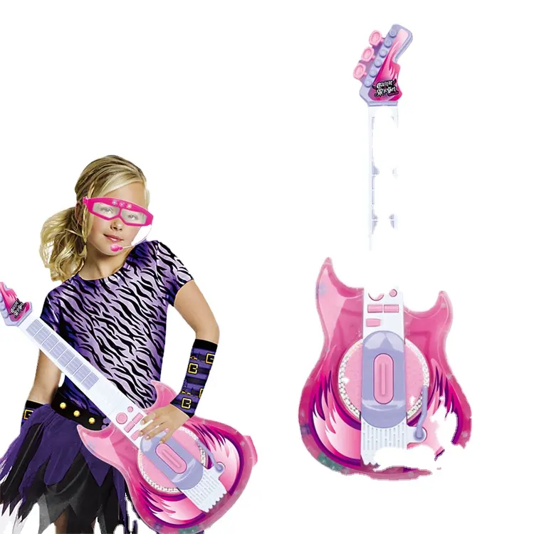 Tempo Toys Juego de micrófono de guitarra para niñas Guitarra eléctrica de cuerda con gafas Juguetes de instrumentos musicales