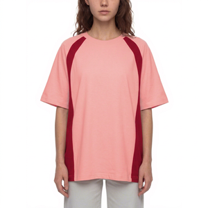Camiseta de Algodón Rosa Oversize para Mujer, Cuello Redondo, Manga Corta, Corte Holgado, Encaje, Antiarrugas, para Primavera/Verano - Product Image 1