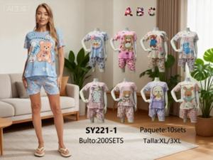 Set pigiama in cotone con stampa orsetto carino per donna, pigiama estivo a maniche corte con collo rotondo, vita elastica, morbido pigiama in jersey, vestibilità regolare - Product Image 3