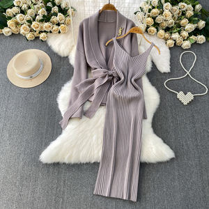 ชุดเซ็ตสองชิ้นสำหรับผู้หญิง ชุดลำลองหรูหรา เสื้อโค้ทยาวผูกเข็มขัด ชุดเดรสไหมพรมเข้ารูป ชุดสูทผู้หญิง 2 ชิ้น - Product Image 1