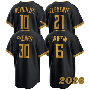 Camiseta de Béisbol Negra y Dorada de los Pittsburgh Pirates 2026, Edición Clemente # 30 Skenes # Uniforme Deportivo para Hombre de 6 Piezas con Costuras Griffin - Product Image 1