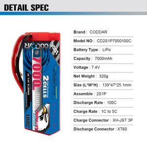 CODDAR 2S 7000MAH 7.4V 100C 200C XT60 avec boîtier rigide câblé RC batterie LiPo échelle 1/10 RC voiture bateau de course <span class=keywords><strong>Tamiya</strong></span> sauterelle - Product Image 5