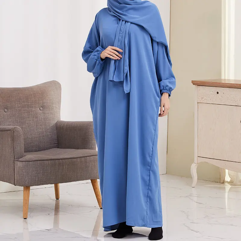 Venta al por mayor ropa islámica Ramadán Vestido largo de oración liso adjunto Hijab suelto Abaya mujeres vestido musulmán Jilbab 2 piezas adultos