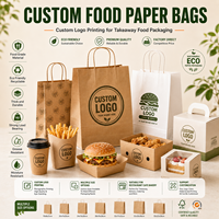 Bolsa de Papel para Llevar con Asas Planas, Papel Kraft Marrón, Personalizable con Logotipo, Venta al por Mayor para Restaurantes y Cafeterías