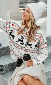 Nantengカスタムウィンターリブニットエルクアンドハーツジャカードパターンホワイトグラフィックウーマンプルオーバークリスマスセーター