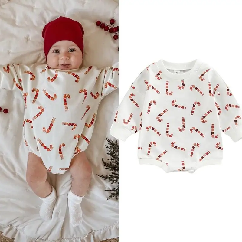 Factory Price Wholesale Christmas Cute Candy Printing Round Neck Pure Cotton Button Newborn Rompers Baby Clothes