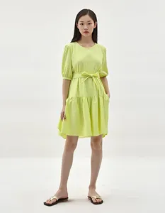 Vestido de Mujer al por Mayor, Verde Sólido, Poliéster, Largo hasta la Rodilla, Estilo Urbano, con Cinturón, Mangas Tipo Cap, Transpirable y Lavable, OEM ODM - Product Image 6