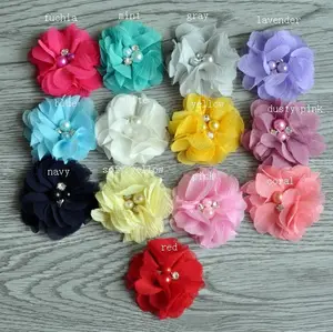 2" 13colors Mini Frayed Chiffon Flower With Pearls And Rhinestones For Hair Accessories Fabric Flowers For Headbands