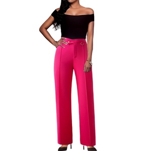 2358 grossistes élégant femme Pleater pantalon bureau dame rose solide mince droite taille haute femmes pantalon à jambes larges - Product Image 3