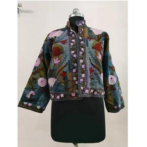Hand Embroidered Floral Pattern Eco-Friendly Breathable Reversible <b>Short</b> <b>Sleeve</b> Bomber <b>Jacket</b> with TNT Cotton Suzani Fabric - Product Image 1