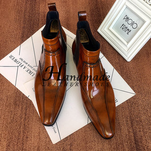 Bottines tendance, bottines Chelsea en cuir véritable avec finition vernie, chaussures en cuir à tige haute, bottines Martin britanniques - Product Image 6