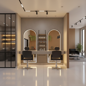 Estación de barbería de Material de madera dorada y negra de diseño moderno para salón de belleza, espejo de peluquería para barberías - Product Image 2