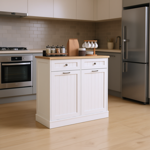 Gabinete de Basura para Cocina con Dos Compartimentos Abatibles y Dos Cajones, Estilo Rústico Blanco - Product Image 2