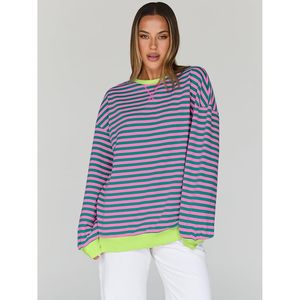 Oversized Sweatshirt Women Striped Long Sleeve Drop Shoulder Crewneck Knitted Cotton <b>Y2K</b> <b>Top</b> Casual Wear - Product Image 2