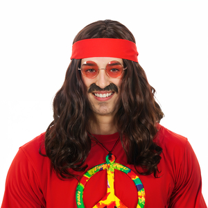 <span class=keywords><strong>Peluca</strong></span> Hippie marrón ondulada larga con diadema roja para fiesta temática de los años 60 y 70, accesorio de disfraz de Cosplay para hombres y mujeres, postizo de estilo Retro - Product Image 2