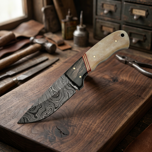 Cuchillo de caza y uso general Thewizcrafts de acero de Damasco con hoja fija, punta caída, grado industrial, mango de hueso de camello y cuerno de toro, 0.38mm - Product Image 3