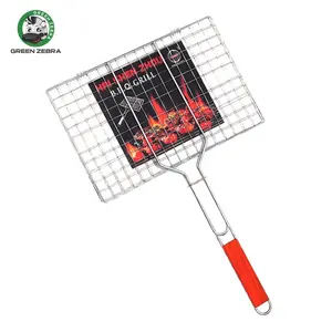 Hot Selling Outdoor Draagbare Vis Vlees Mand Flatgrill Clip Draad Mesh Barbecue Grill Netto Met Houten Handvat