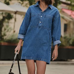 เดรสยีนส์แขนยาวสไตล์ลำลองสำหรับผู้หญิง ดีไซน์ใหม่ คอปกพับติดกระดุม มีกระเป๋า ผ้าฝ้าย ทรงมินิเดรส - Product Image 1