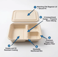 Lonchera Biodegradable de Bagazo de Caña de Azúcar de 25x18.5cm con 3 Compartimentos, Apta para Microondas, con Tapa y Bandeja para Alimentos, para Entrega Profesional