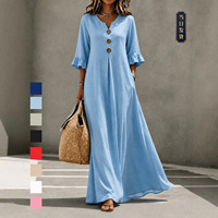 Robe longue unie à col en V pour femmes européennes et américaines, élégante et tendance, avec poches, coupe ample et jupe évasée