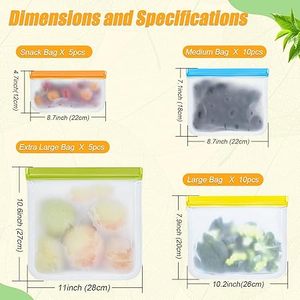 Huamaohengchun Paquete de 30 Bolsas Reutilizables de Silicona para Almacenamiento de Alimentos, 4 Tamaños, a Prueba de Fugas, Aptas para Lavavajillas, Bolsas Reutilizables para Congelador - Product Image 3