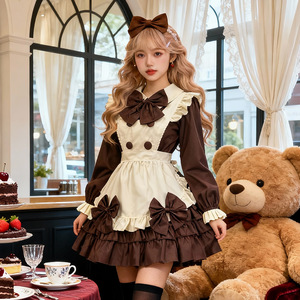Robe Lolita Maid Cafe marron à manches longues, tablier, nœud et coiffe, costume de cosplay pour jeu de rôle anime - Product Image 2