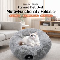 Lit pour chat doux et confortable, amovible et lavable, design tunnel rond, garnissage en poils longs