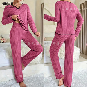 Cross-border European and American solid color autumn and winter pajama set with <b>bow</b>, women's home wear, long sleeves and - Product Image 1