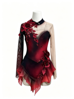 Robe de patinage artistique à col dégradé rouge vin et noir, manches longues, maille florale 3D, dos ouvert, pour compétition et spectacle