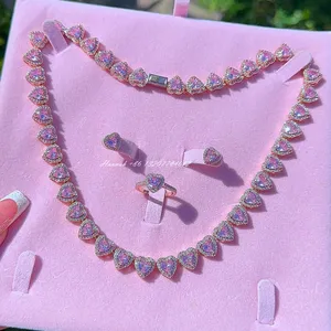 Ready to ship 18k gold plated women jewelry bling iced out pink heart zirconia jewelry set