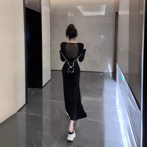 Women Long Sleeve Bodycon Dress Black Solid Color Knitted Stretch High Slit Long Skirt Spring Autumn Wear - Product Image 2