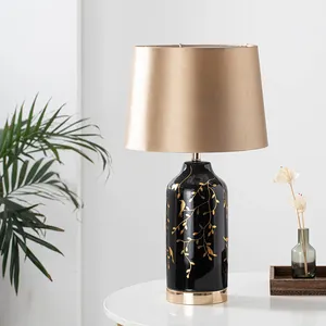 Chinesische Luxus Gold bedruckte Keramik Sockel Tisch lampe klassische Lampa ras de Mesa Stoff abdeckung Schreibtisch lampen