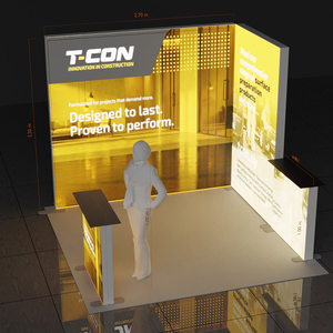 Expositor Modular para Ferias Comerciales con Letrero Superior y Pared Trasera en Forma de L, Diseño Innovador con Gráficos Dorados, Portátil - Product Image 1