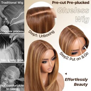 Lyy BrownBomb Wear Go Perruques Lace Front Blond Miel Sans Colle Pré-épilées Pré-coupées Pour Débutantes Femme, Lisses Dégradées avec Frange Mi-longue - Product Image 5