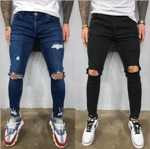 Nouveau Jean Droit Homme Tendance Transfrontalier Style Européen et Américain avec Trous Taille Élastique Tissu Denim Délavé Effet Usé - Product Image 3