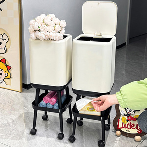 Poubelle haute rectangulaire avec couvercle, ouverture par pression, roulettes, pour intérieur, cuisine, salon - Product Image 1