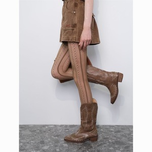Brown Retro-Style Hollow Lace Fishnet Stockings With Vertical Stripes 15D Sheer Pantyhose For Women Youth Fashion - Product Image 4