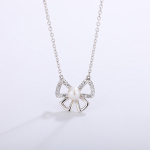 S925 Silver Freshwater Pearl Oversized Hollow <b>Bow</b> Knot Half Pave CZ Pendant Necklace Sweet <b>Gift</b> Girls Women - Product Image 2