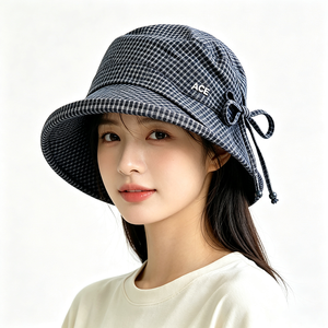 Chapeau Bob Unisexe à Carreaux avec Nœud Latéral et Cordon Réglable, Protection UV, Large Bord, Broderie 3D Personnalisée ACE, en Polyester, pour la Pêche - Product Image 1