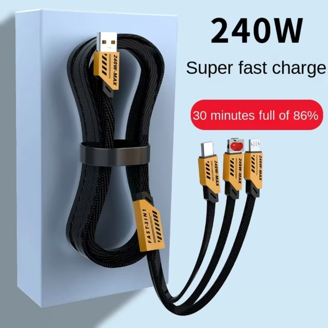 240W Zinc Alloy 3 in 1 Micro Usb Charger Cable 1.2M Fast Data Cable for Mobile Phone Weaving Nylon Jacket