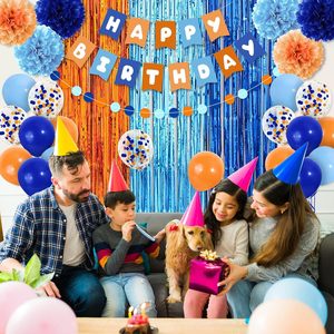 Tirai Foil Biru Motif Anjing, Hiasan Pinggiran Metalik Oranye dan Biru, Latar Belakang Foto untuk Dekorasi Pesta Ulang Tahun dan Baby Shower - Product Image 6