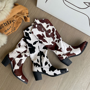 Western Style Horse Hair Cowboy Long <b>Boots</b> Women High Square Heels Cow Pattern Shoes V-shaped Top Knee High Booties - Product Image 6