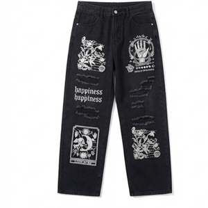 Jeans <span class=keywords><strong>de</strong></span> Mezclilla Anchos con Estampado Artístico y Diseño Desgastado <span class=keywords><strong>de</strong></span> Cintura Media <span class=keywords><strong>para</strong></span> Hombre, Estilo Urbano, Hip Hop, Invierno, Marca Wangsheng - Product Image 1