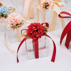 Candy Boxes PVC Transparent Wedding Favors and Gifts Box Square Flower Ribbon Romantic Packaging Box Party Gift Bag