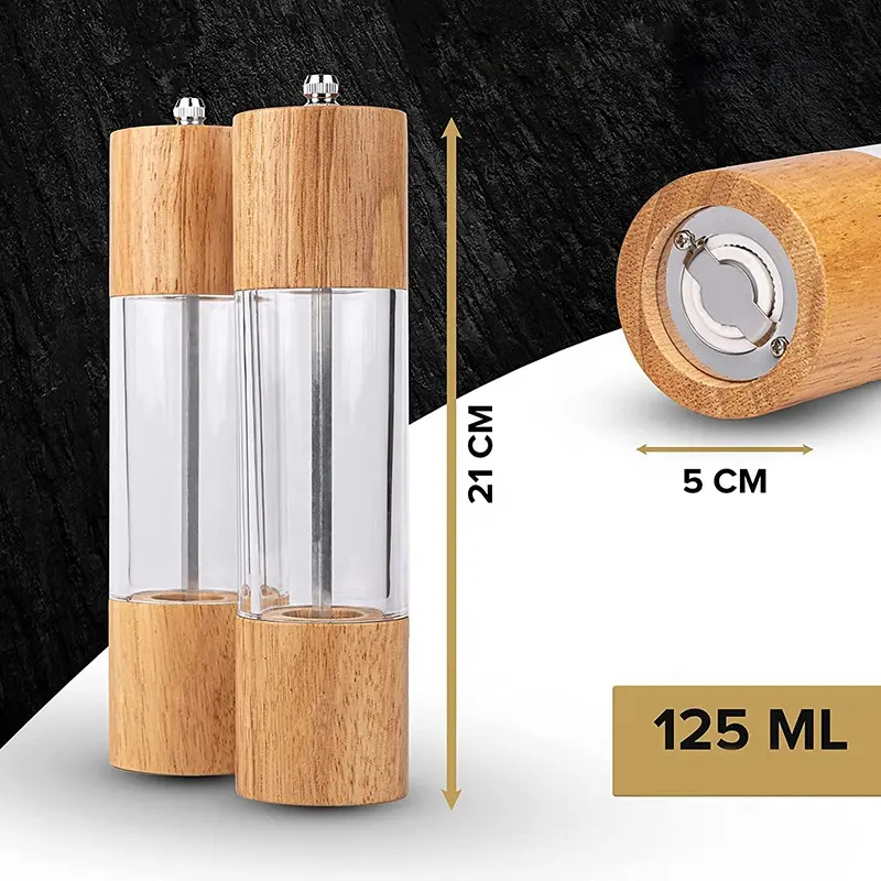 인기있는 스타일 8 인치 수동 아크릴 및 나무 페퍼 밀 향신료 밀 소금 밀 세트