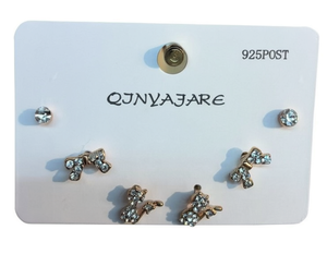 Qjnyajare Set di orecchini a bottone 3 paia di orecchini a forma di fiocco con strass in cristallo placcato oro per gioielli da donna alla moda 925 Post - Product Image 1