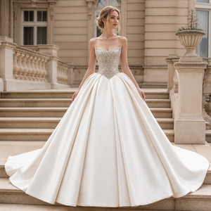 LY119 Classic Modern <b>Ball</b> <b>Gown</b> Ivory Wedding Dress with Floral Lace Applique Chapel Train Crystal Straps for Women - Product Image 1