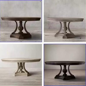 Ensemble de table à manger ovale en chêne massif vieilli de style campagnard français, base sur piédestal vintage, chaises à dossier rond recouvertes de lin - Product Image 6