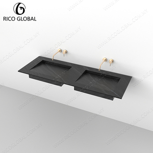 Vasque double rectangulaire murale en marbre noir au design minimaliste avec robinet plaqué or pour salle de bain - Product Image 3